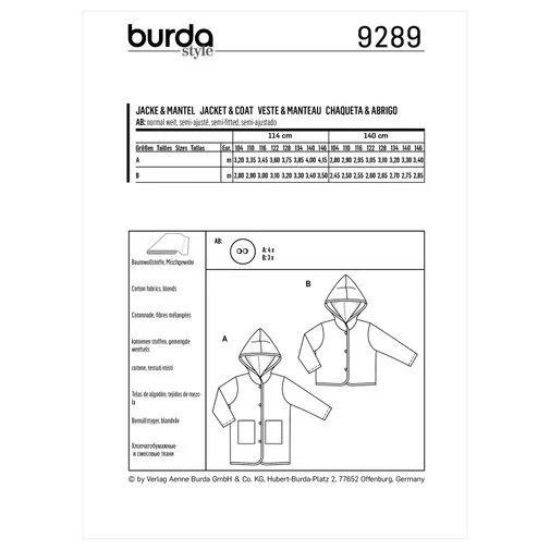Burda Child Hooded Coat or Jacket 9289 - Image 5