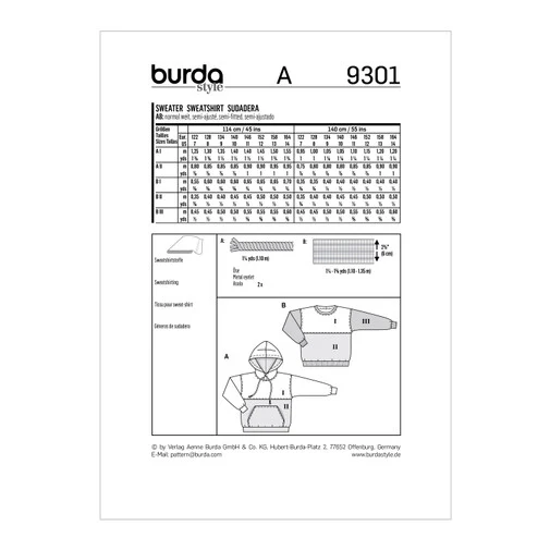 Burda Child/Teen Hoodie and Sweatshirt 9301 - Image 5