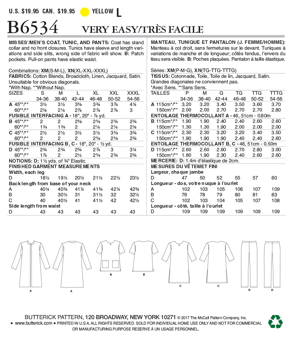 Butterick Unisex Coat, Tunic, Trousers B6534 - Image 8