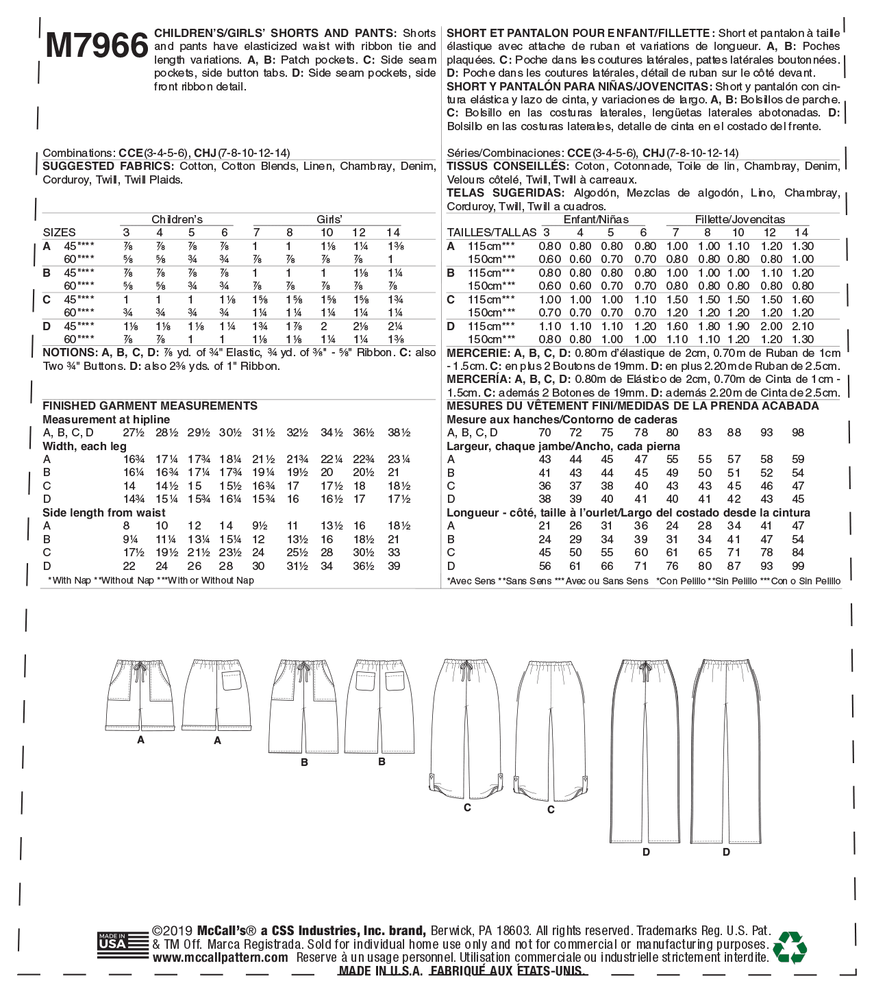 McCalls Child/Teen Shorts and Trousers M7966 - Image 9