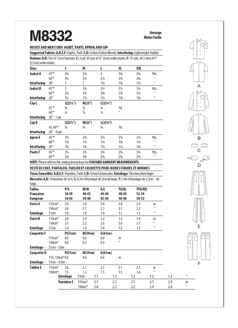 McCalls Unisex Chef Jacket, Pants, Apron and Cap M8332 - Image 9
