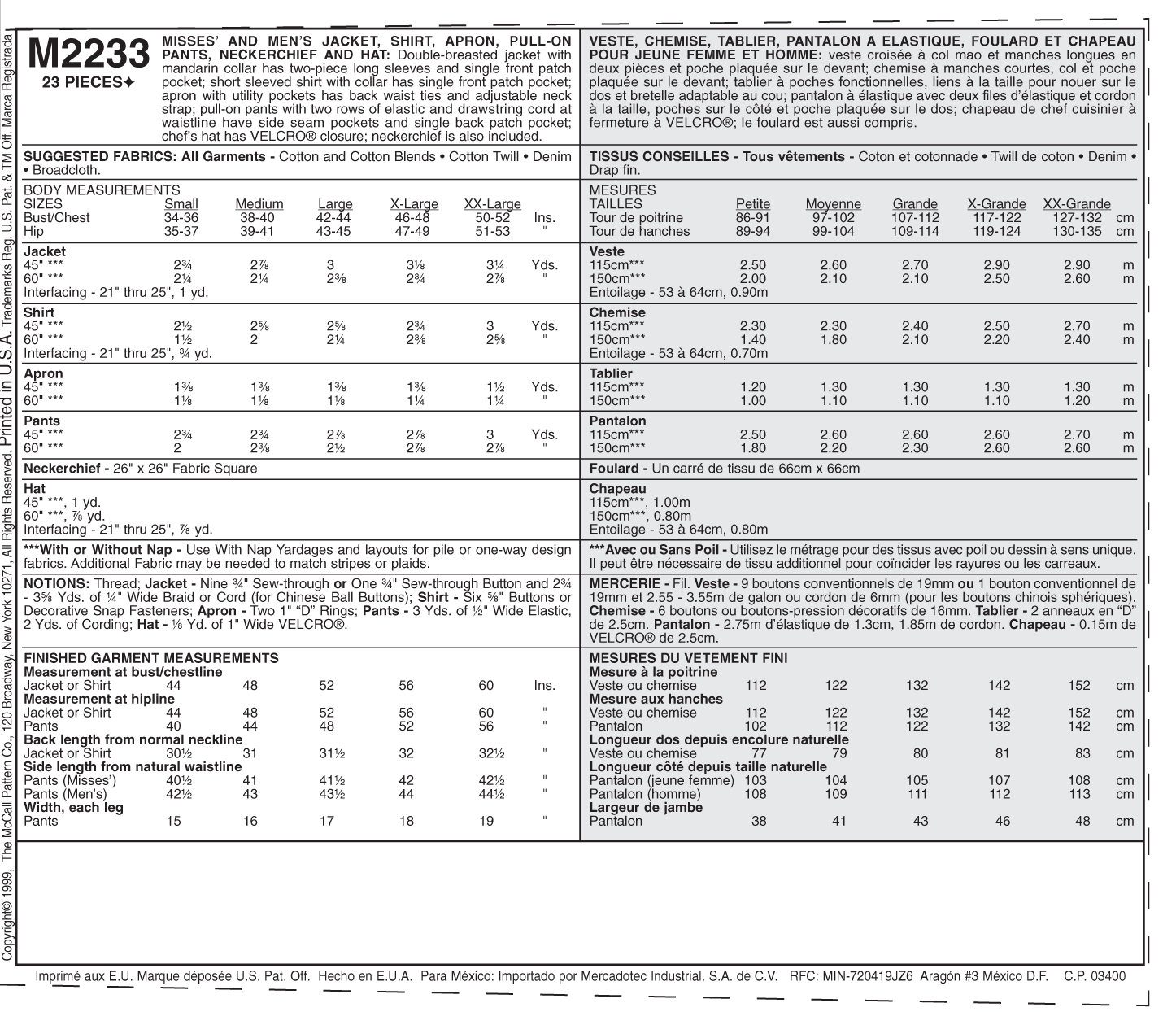 McCalls Unisex Kitchen Uniforms M2233 - Image 9