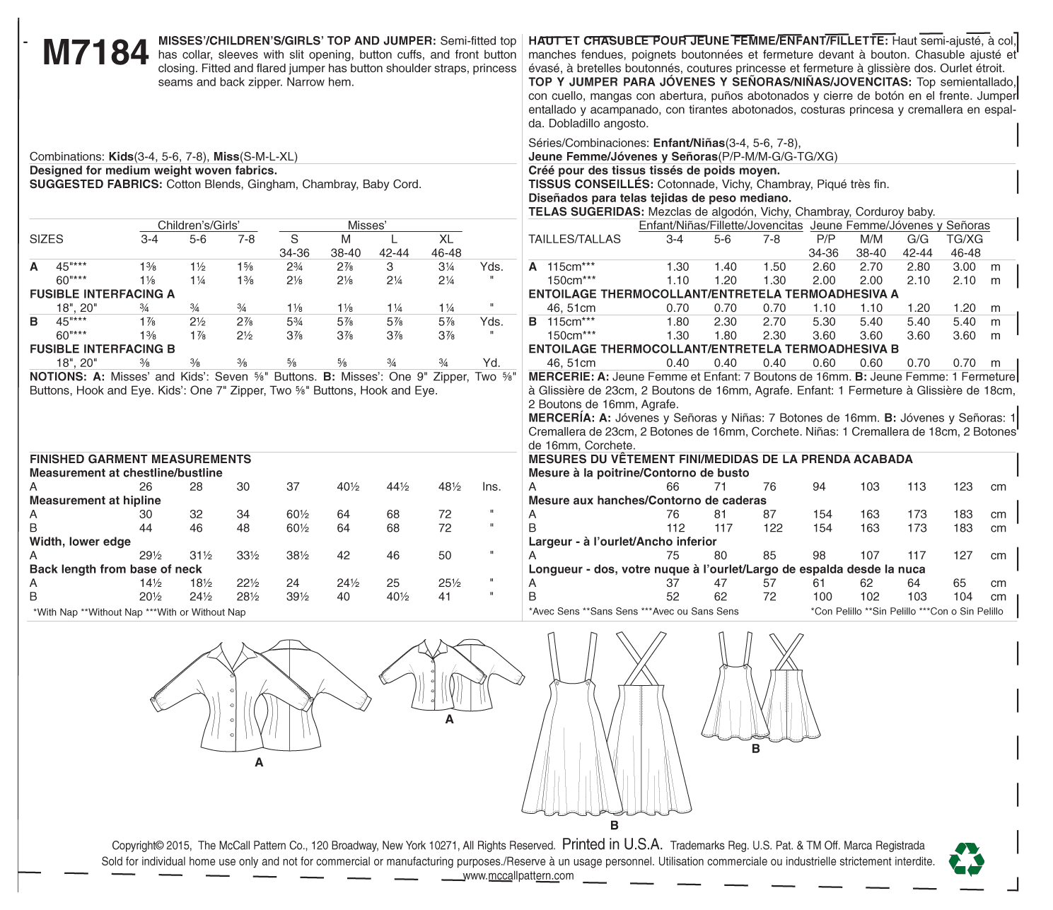 McCalls Women/Child Vintage Top & Dress M7184 - Image 7